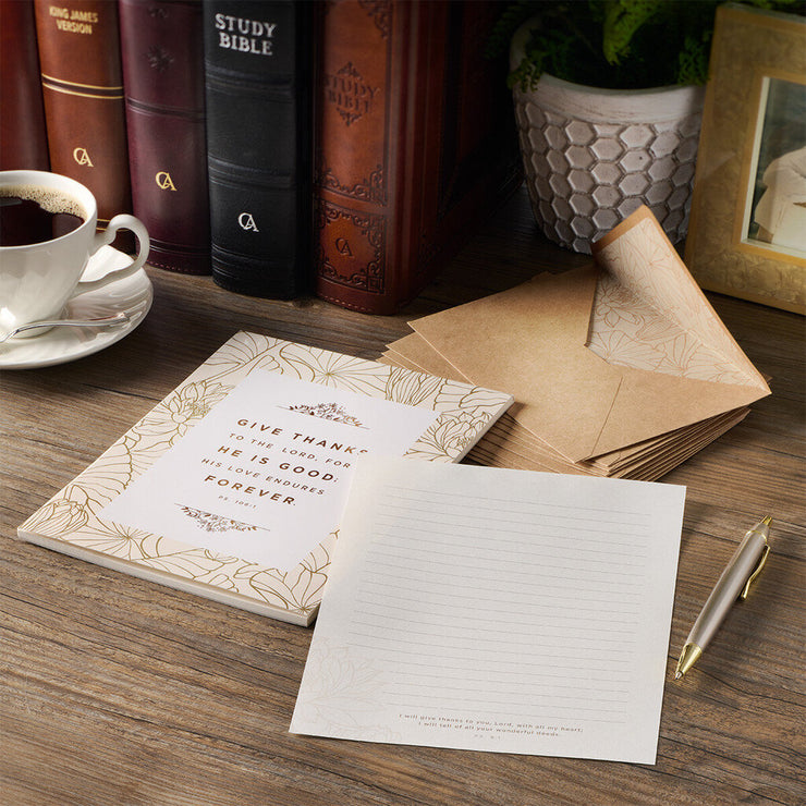 Give Thanks White and Gold Writing Paper and Envelope Set - Psalm 106:1